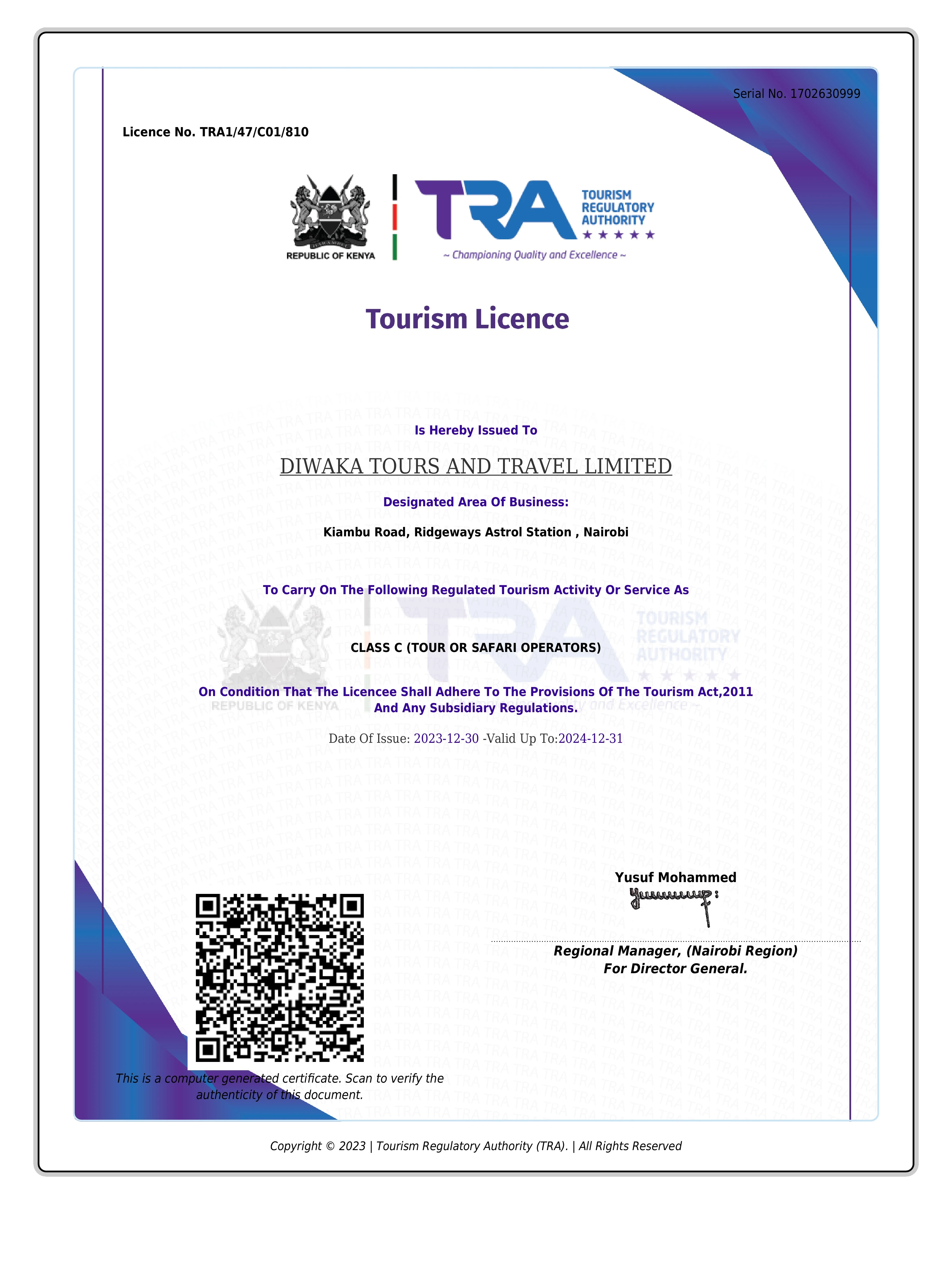 Diwaka tourism licence